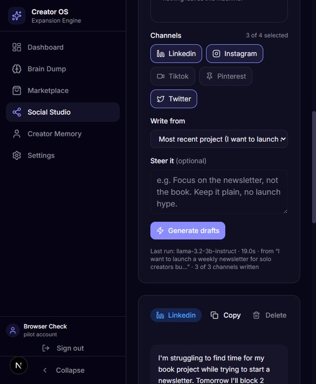 Social Studio with channel chips, a steer box, and a generated LinkedIn draft with copy and delete actions