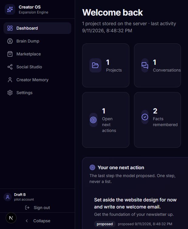 The dashboard showing projects, conversations, open next actions and facts remembered, plus a single suggested next action